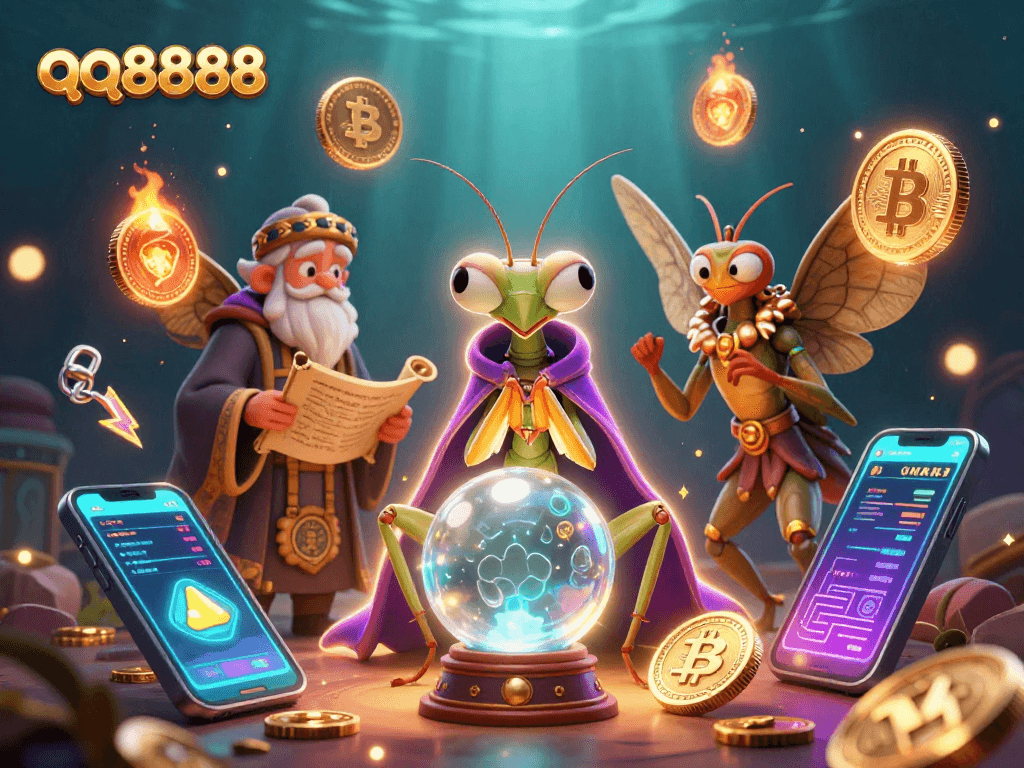 Engage with the qq8888 platform, featuring magical characters in a vibrant casino-themed illustration.