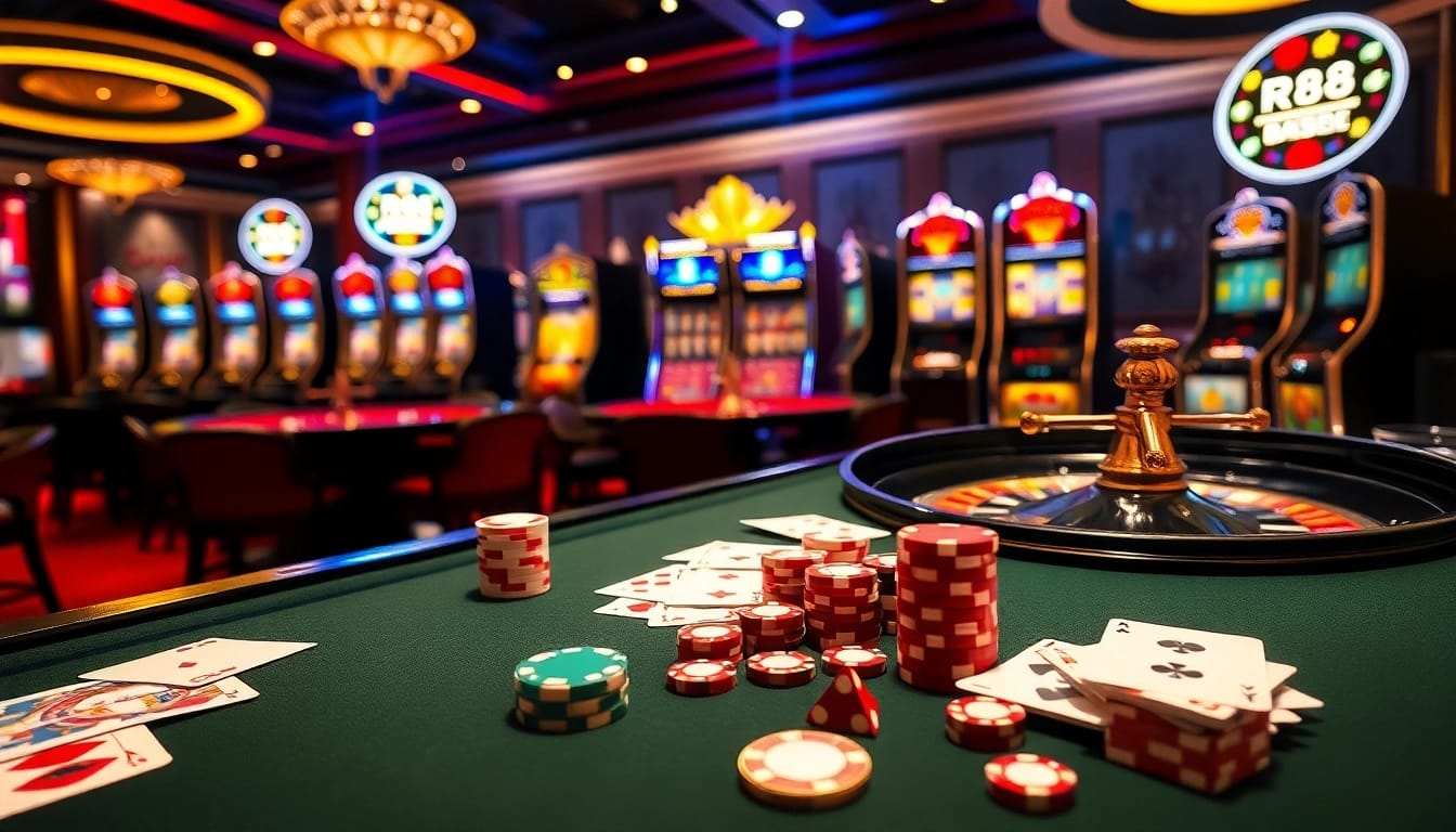 Gamble at RR 88 with vibrant casino table, playing cards, and luxurious slot machines.
