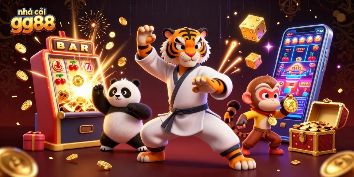 Experience the excitement at nhà cái gg88 with dynamic 3D casino characters surrounded by golden jackpots and vibrant gaming elements.