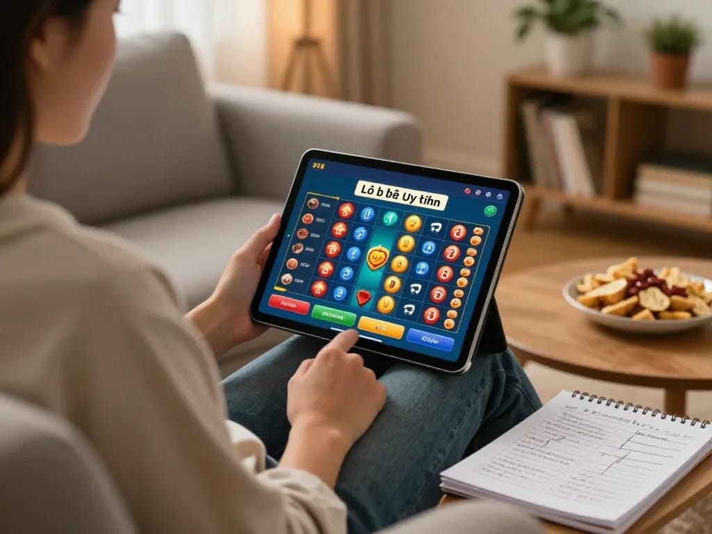 Lô Đề Uy Tín online gaming session with a player using a tablet in a cozy home setting.