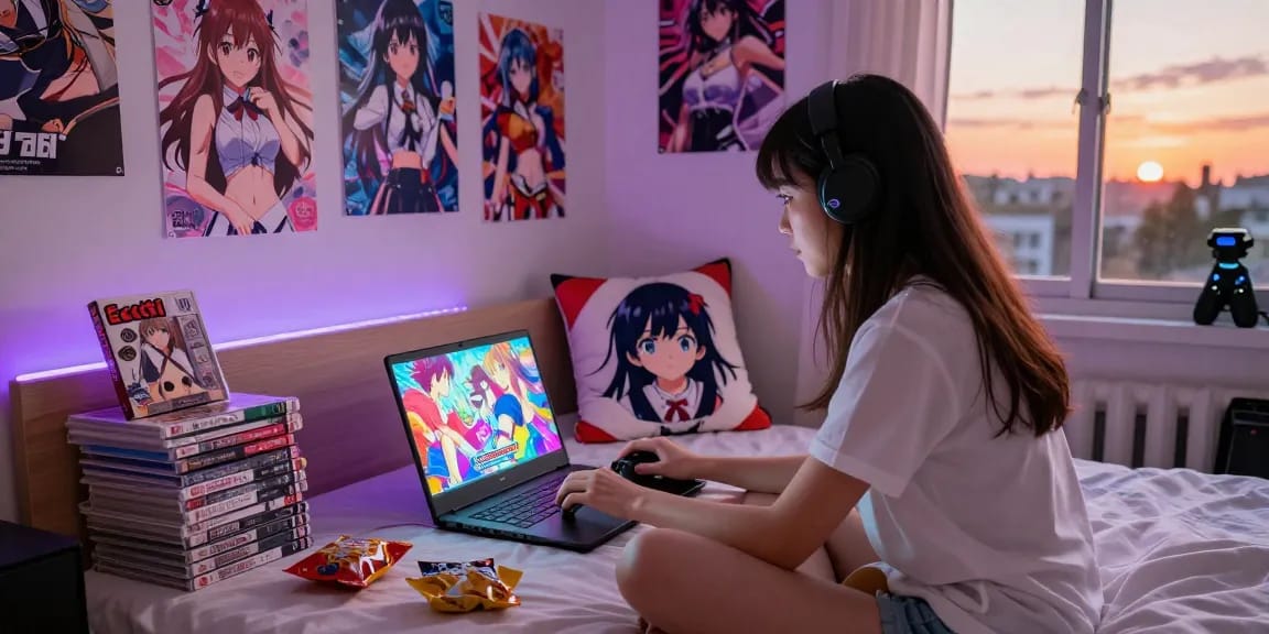 Engaging scene of a gamer enjoying free ecchi games in a cozy bedroom with anime decorations.