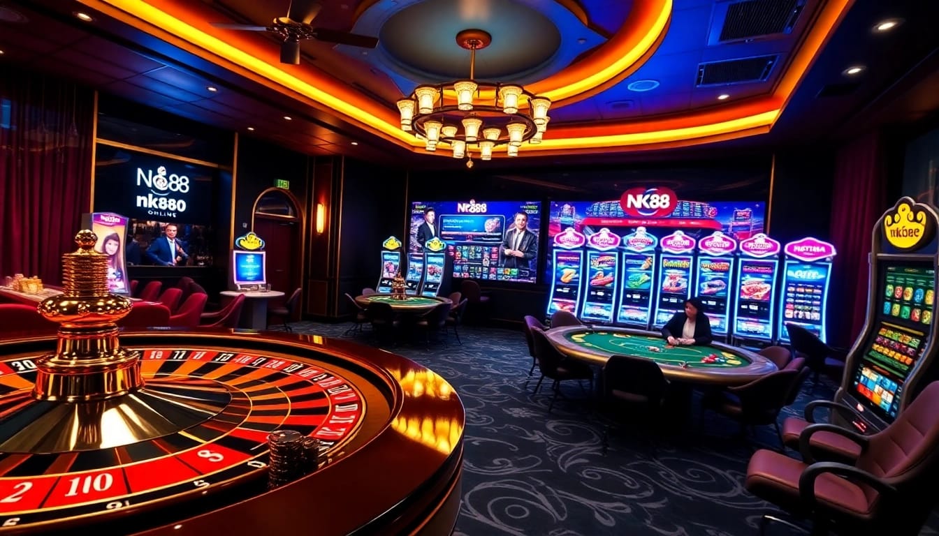 nk88 players enjoying vibrant casino games with roulette, poker, and slot machines