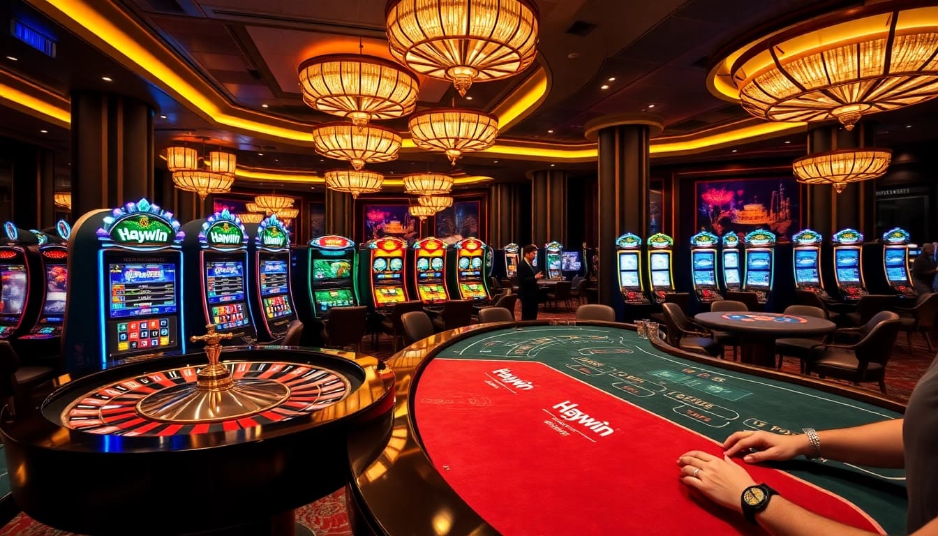 Experience thrilling gameplay at Haywin's casino with vibrant slot machines and poker tables.