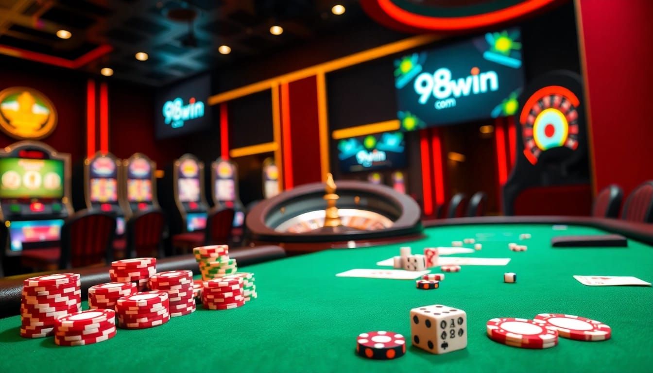 Exciting gambling atmosphere at 98win com casino with live poker, roulette, and vibrant slot machines.