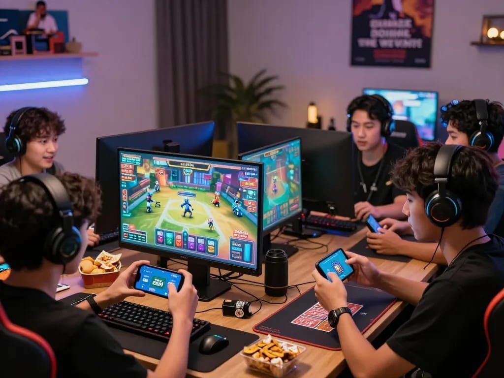 Exciting scene of players using various devices to tải sunwin for thrilling gaming experience.