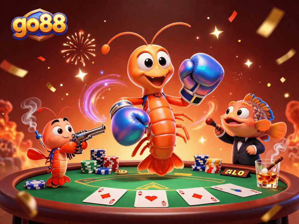 Engage with go88 and explore the excitement of poker with animated marine characters and vibrant casino elements.