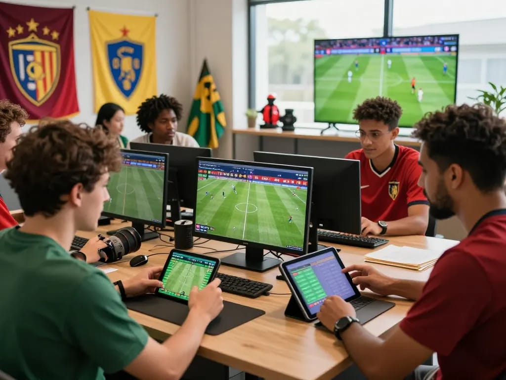 Nowgoal sports betting scene with diverse bettors analyzing live soccer scores and odds, creating an energetic atmosphere.