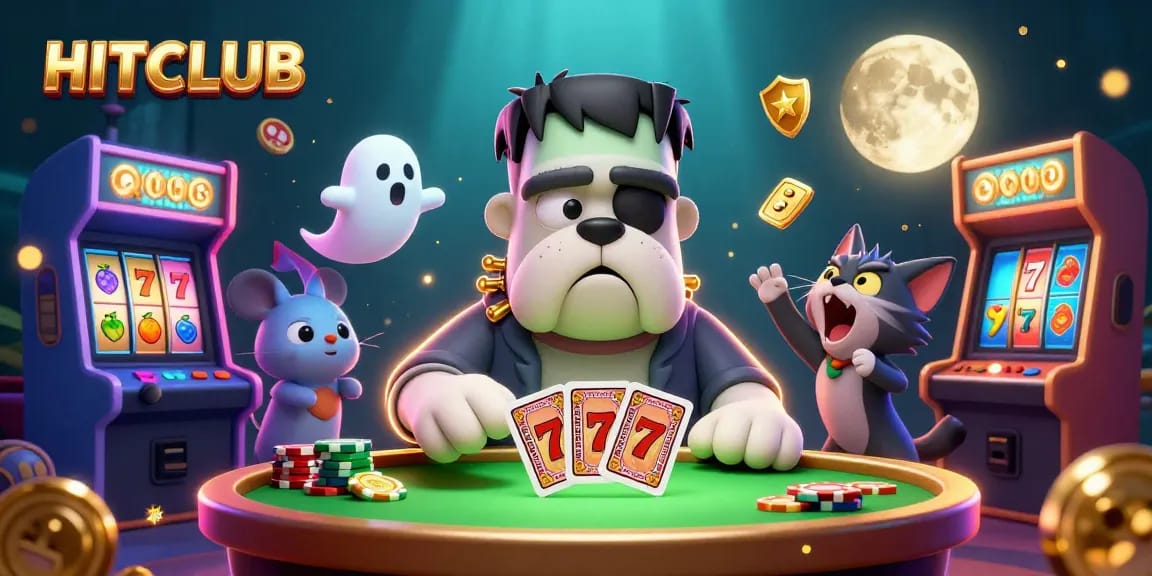 Playing cards dealt by HITCLUB’s Frankenstein bulldog in a vibrant casino scene
