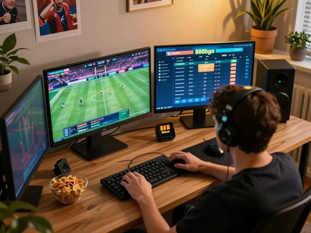 Engaging in online sports betting on 888bgo with multiple screens and live events.
