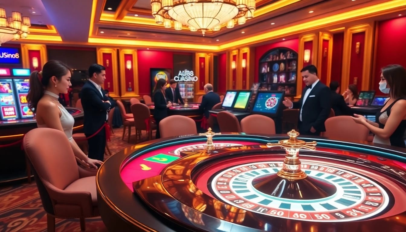Experience high-stakes excitement at AU88 with an immersive casino atmosphere featuring a roulette wheel and engaging dealers.