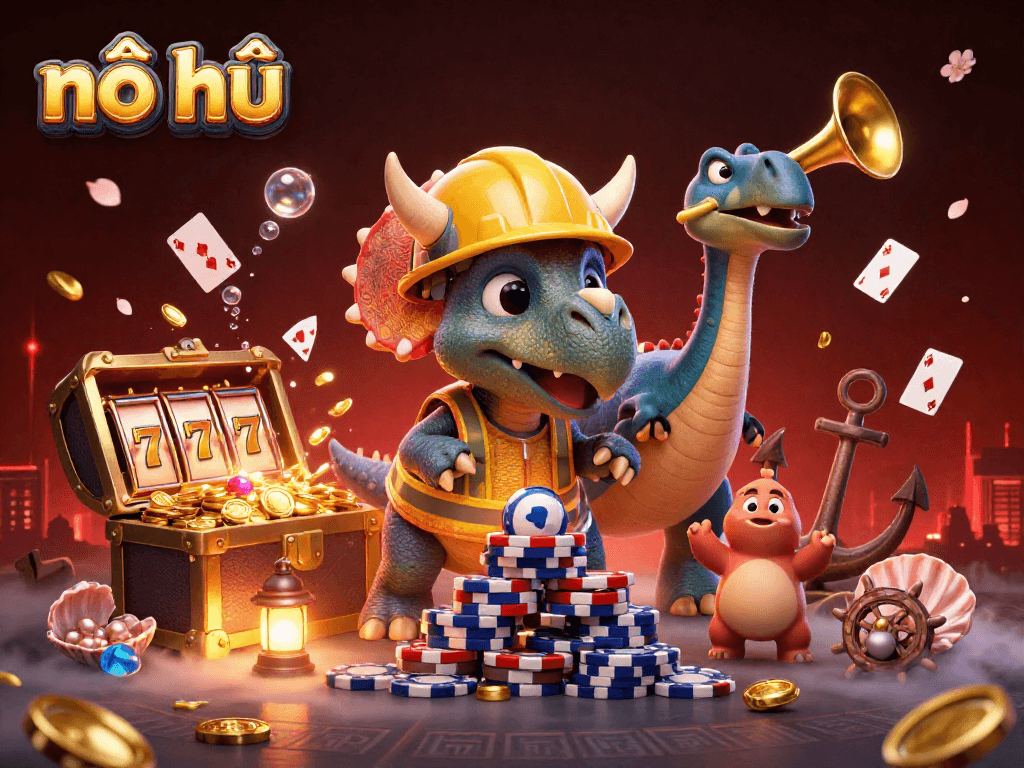 Nổ hũ jackpot celebration with 3D cartoon characters building poker chip pyramid and winning treasures