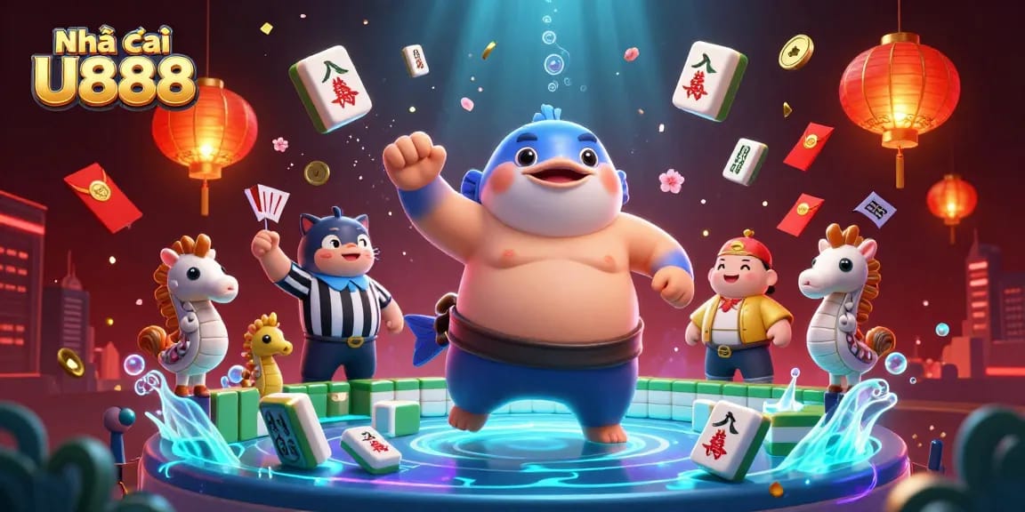 Engage with Nhà cái U888 through an energetic underwater casino scene featuring a lively blowfish and vibrant decor.