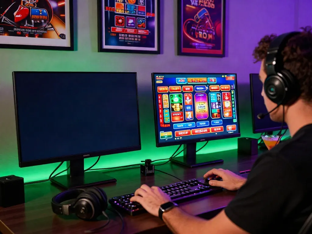 Player engaging with credit card casinos on a stylish laptop at home with vibrant lighting.