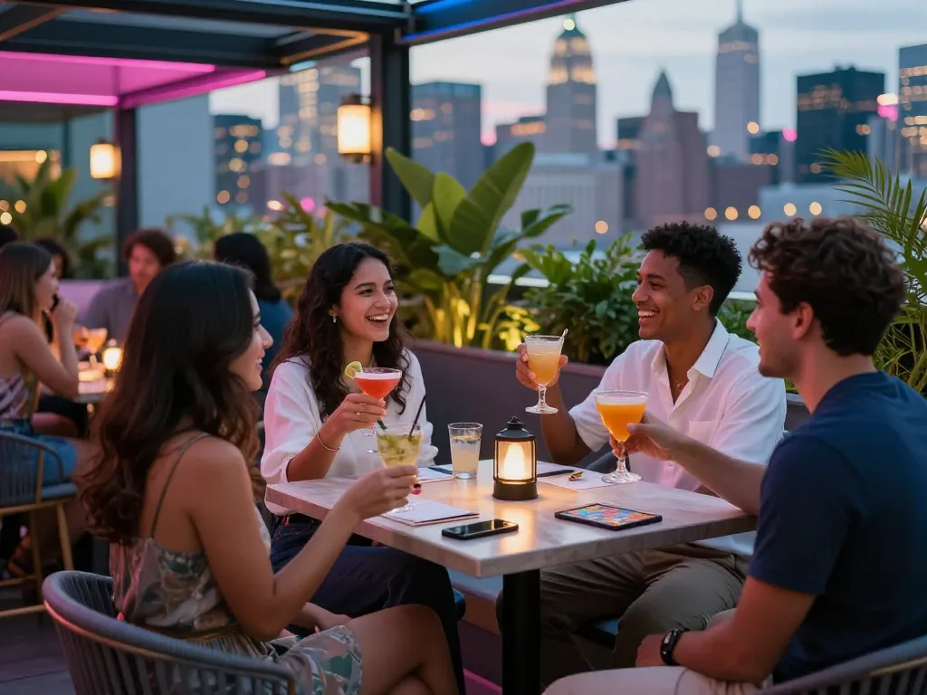 Enjoying cocktails at NoHu rooftop, friends celebrate with drinks while overlooking the skyline
