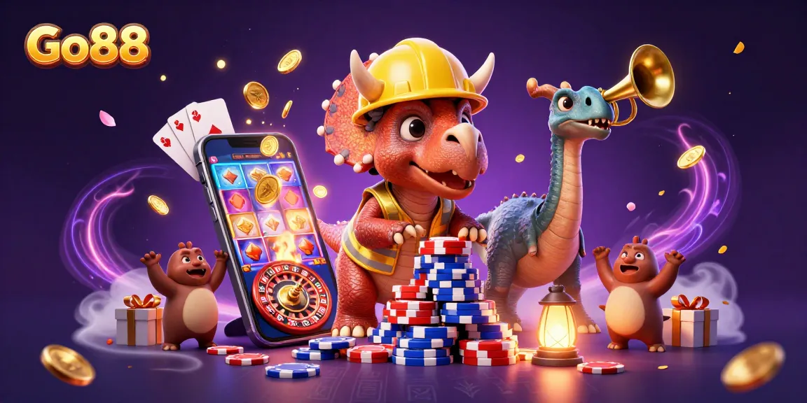 Engage in thrilling gaming at Go88, where a triceratops builds poker chips amidst a festive casino atmosphere.