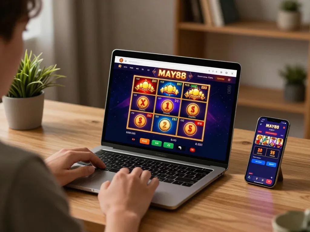 MAY88 online gaming setup showcasing a player engaging with slot games on a laptop and a smartphone with live dealer options.