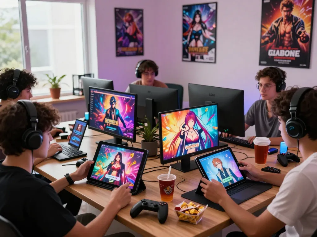 Group playing immersive porn games on various devices in cozy gaming room