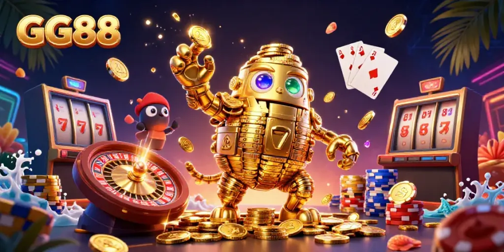 Engage with GG88's vibrant online casino experience, featuring a golden golem and dazzling game elements.