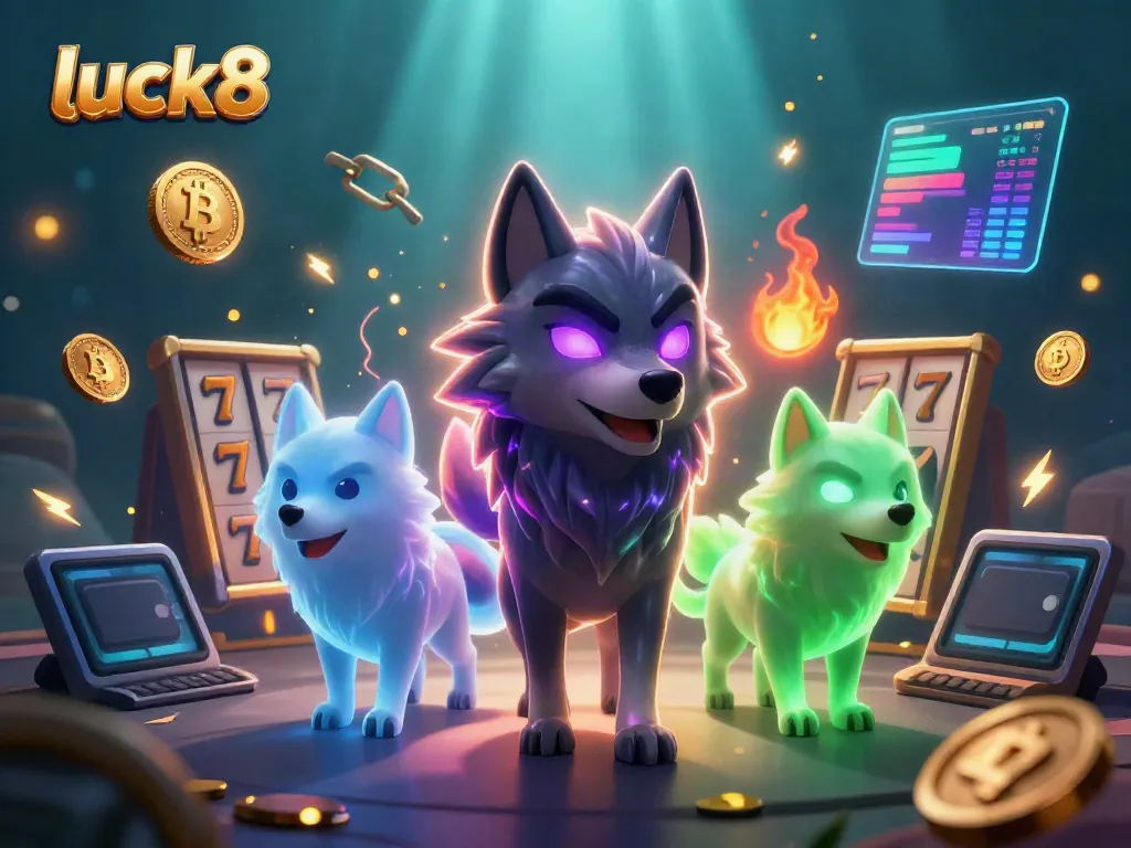 Discover exciting luck8 casino gameplay with glowing wolves amidst slot reels and crypto coins.