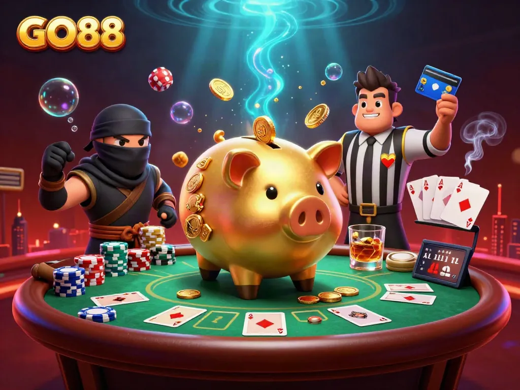 Experience the excitement of GO88 as cartoon characters engage in a dynamic gambling showdown with poker elements.