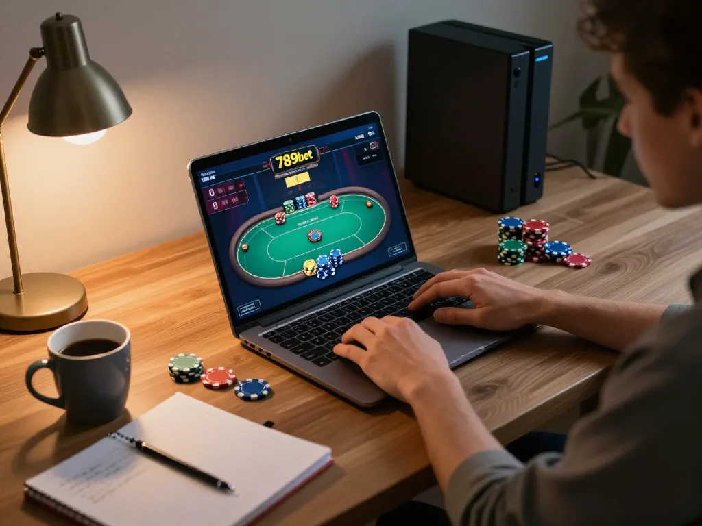 Engaged player strategizing game on 789bet platform with notebook and coffee.