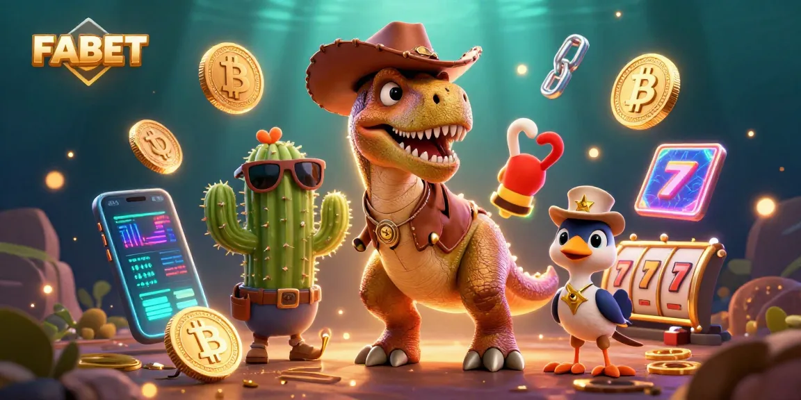 Engage with thrilling slot games at FABET, illustrated by unique characters in a vibrant casino scene.