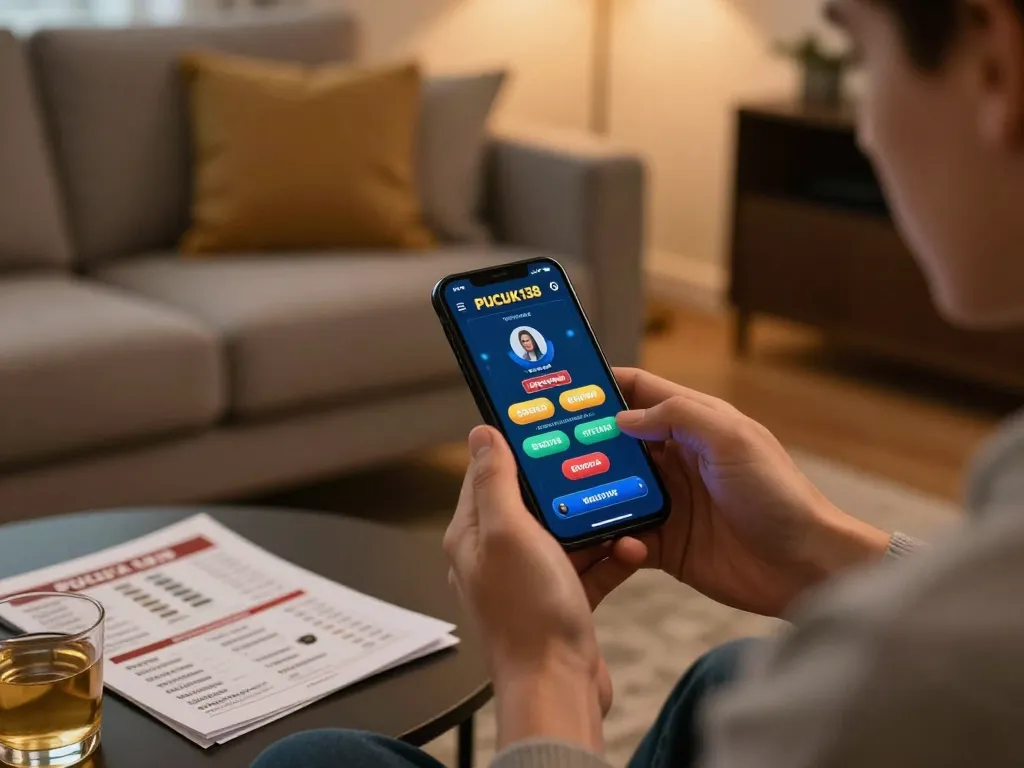 Player enjoying PUCUK138 mobile gaming experience on smartphone in cozy living room.