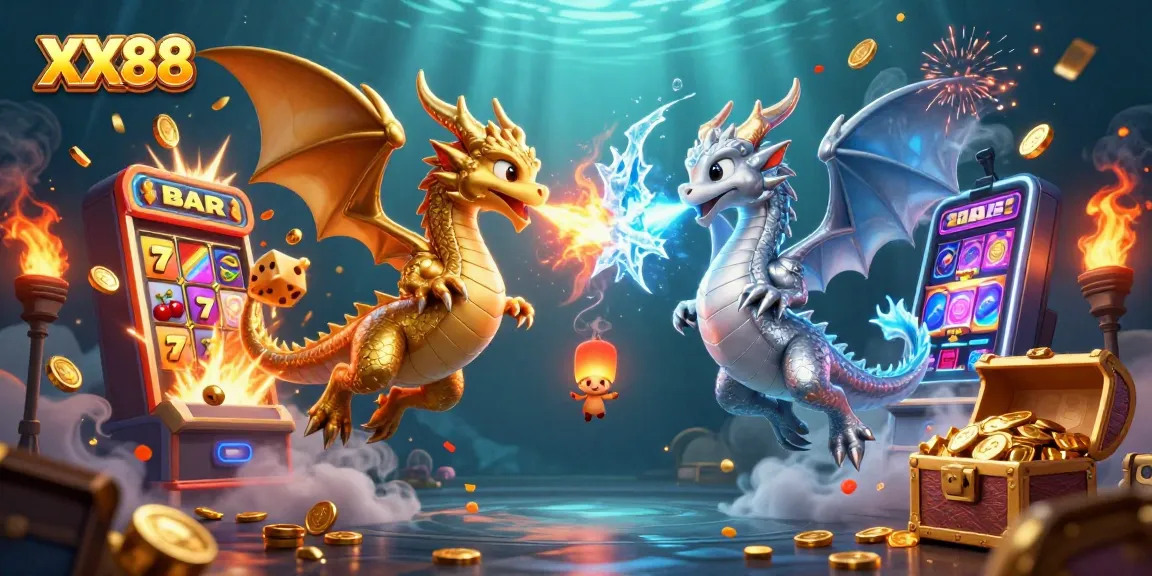 Experience thrilling gameplay at XX88 with dragons breathing fire and ice in a vibrant casino scene.