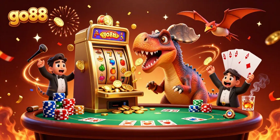 Experience jackpot excitement at go 88 with a pachycephalosaurus thriving at a slot machine amidst a vibrant casino chaos.
