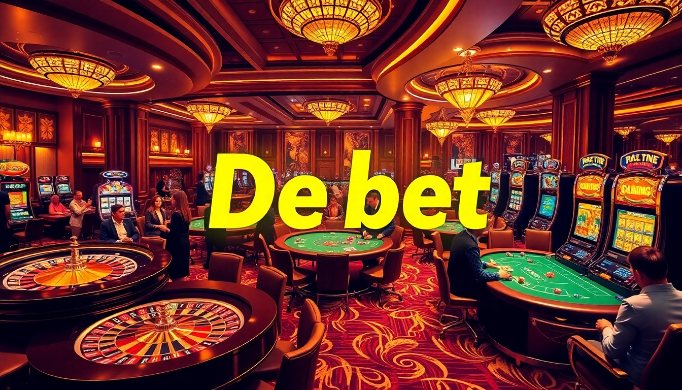 Exciting betting action around the poker tables at De bet casino showcasing colorful chips and players engaged.