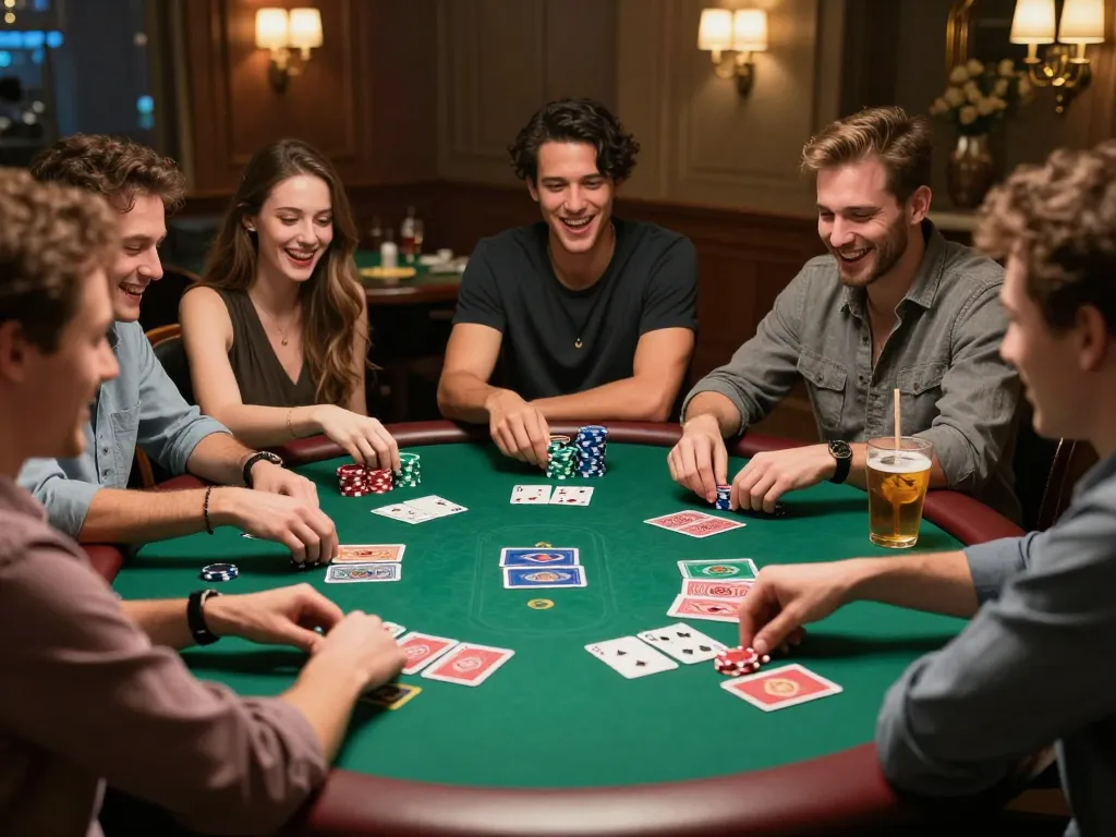 Friends playing an intense poker game at home, highlighting the excitement of SHBET in a lively gathering.