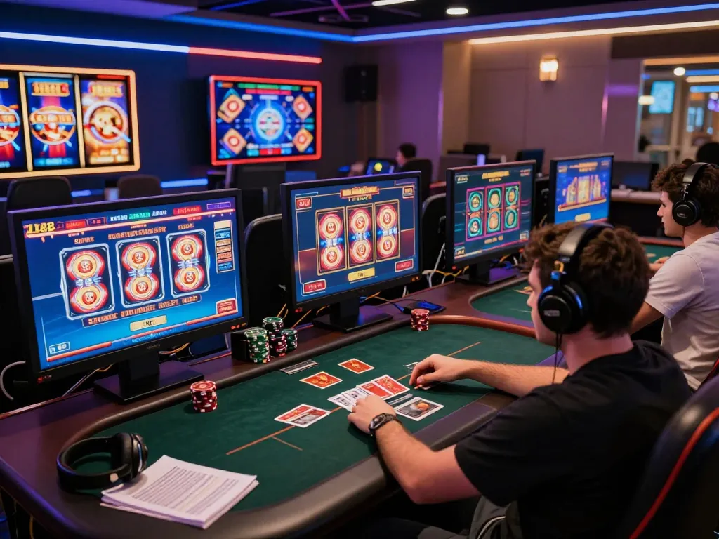 Gamer immersed in online casino games on multiple screens showcasing lc88 gameplay strategies in a vibrant setup.