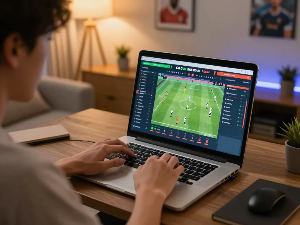 Cá Độ Bóng Đá Online betting strategy in action, with player poised over laptop screen displaying game stats