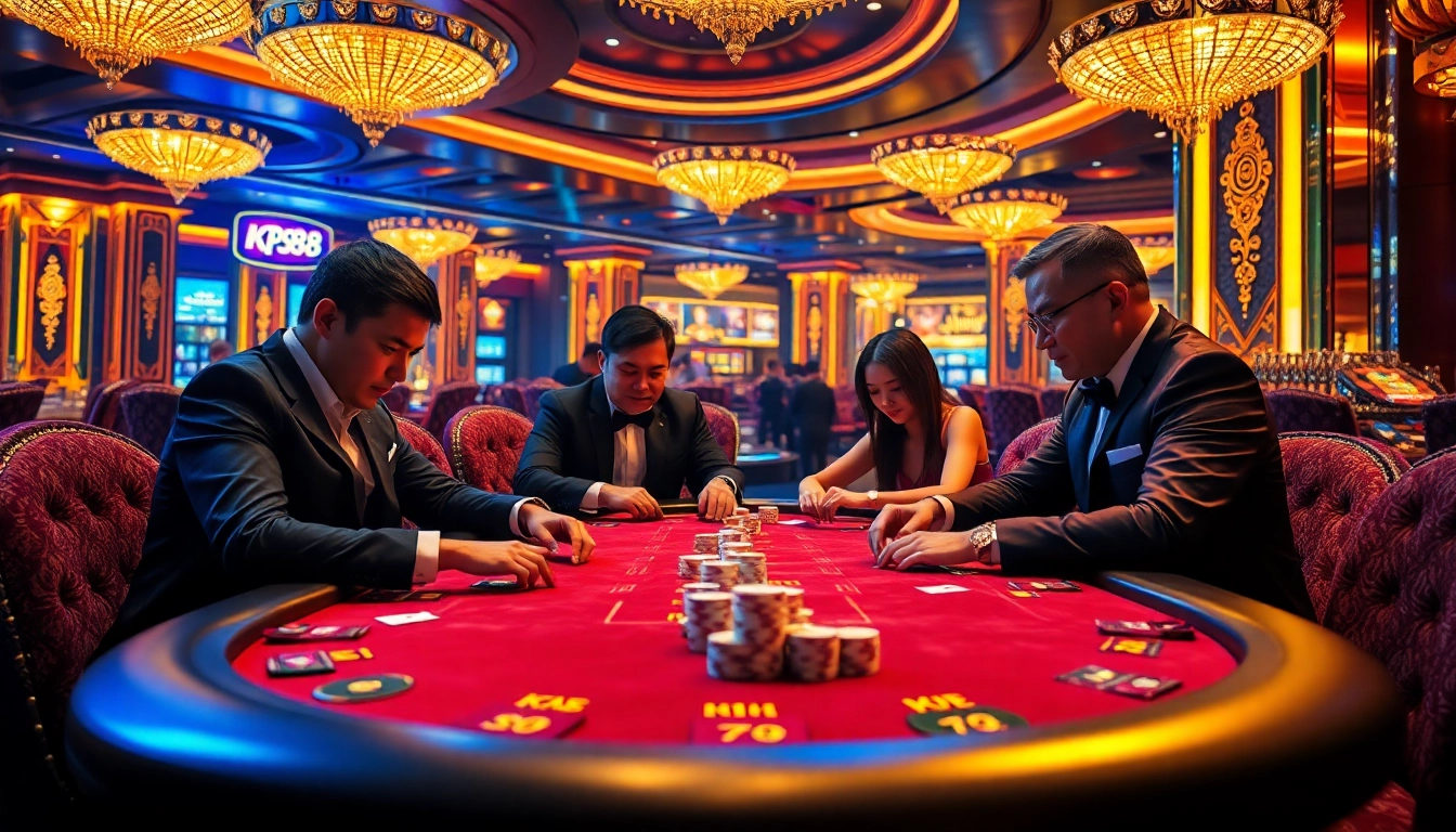Players engaged in an immersive kp88 vip poker game at an elegant casino table, reflecting excitement and luxury.