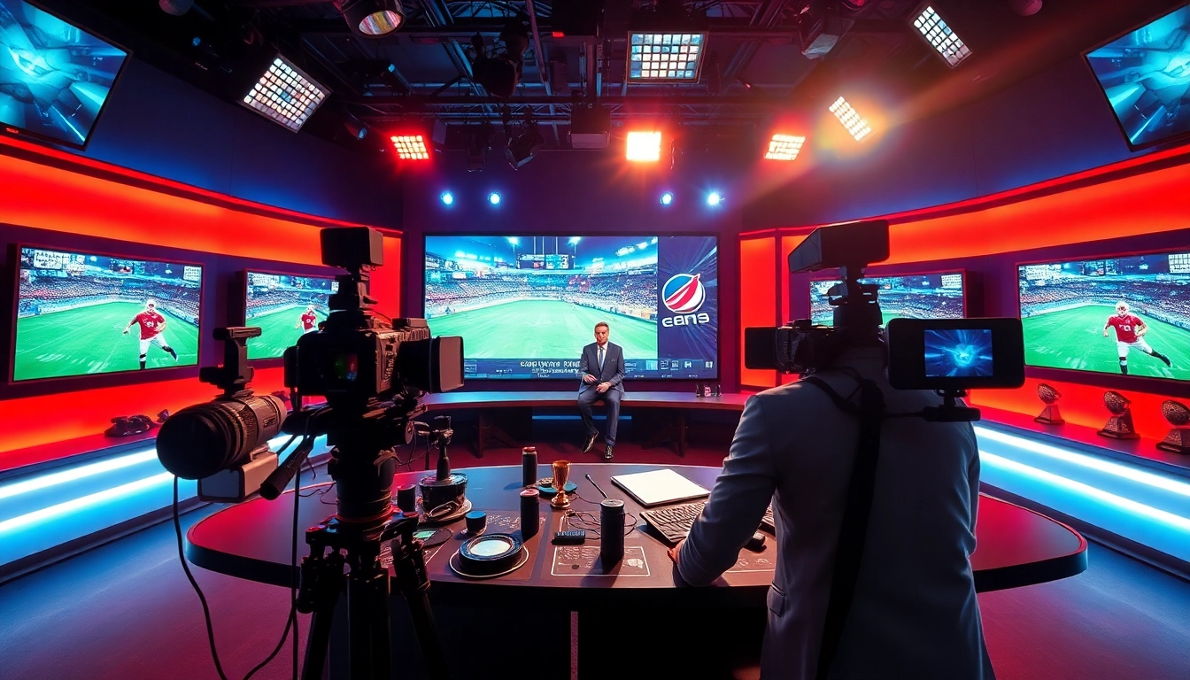 Captivating scene of sports broadcasting with dynamic presenter and screens showcasing live sports events.