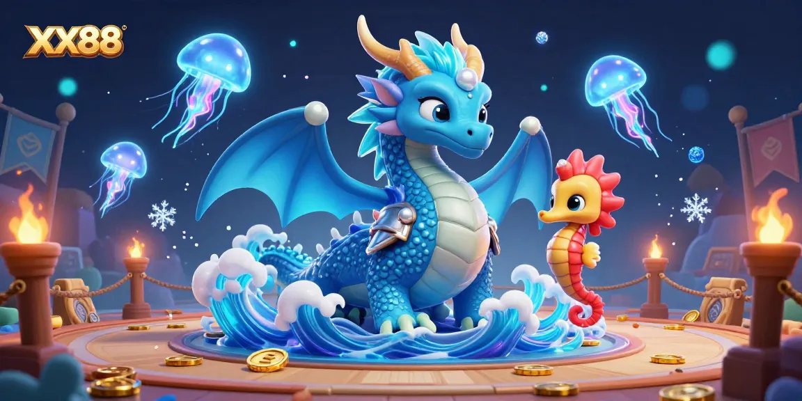 Bet on exhilarating games at XX88 with a dragon, knight, and jellyfish showcasing a vivid casino adventure.