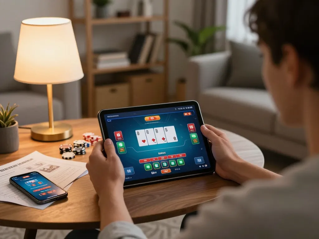 HB88 player engaged in online poker game with tablet in stylish home setup.