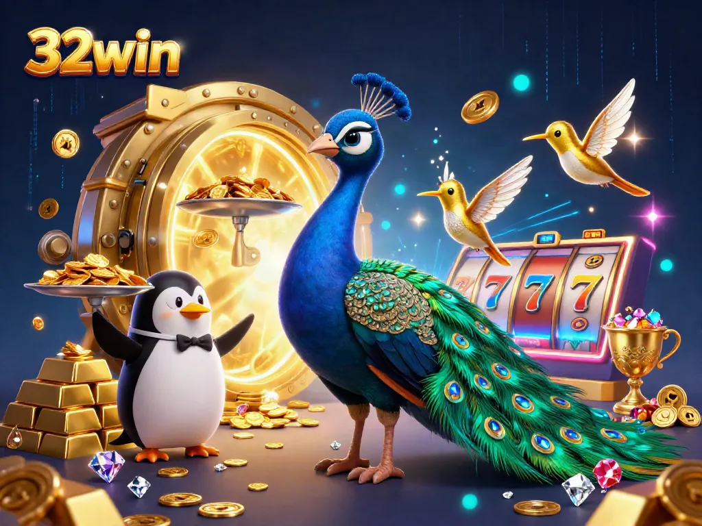 Experience the vibrant world of 32win with dazzling gems and animated casino elements.