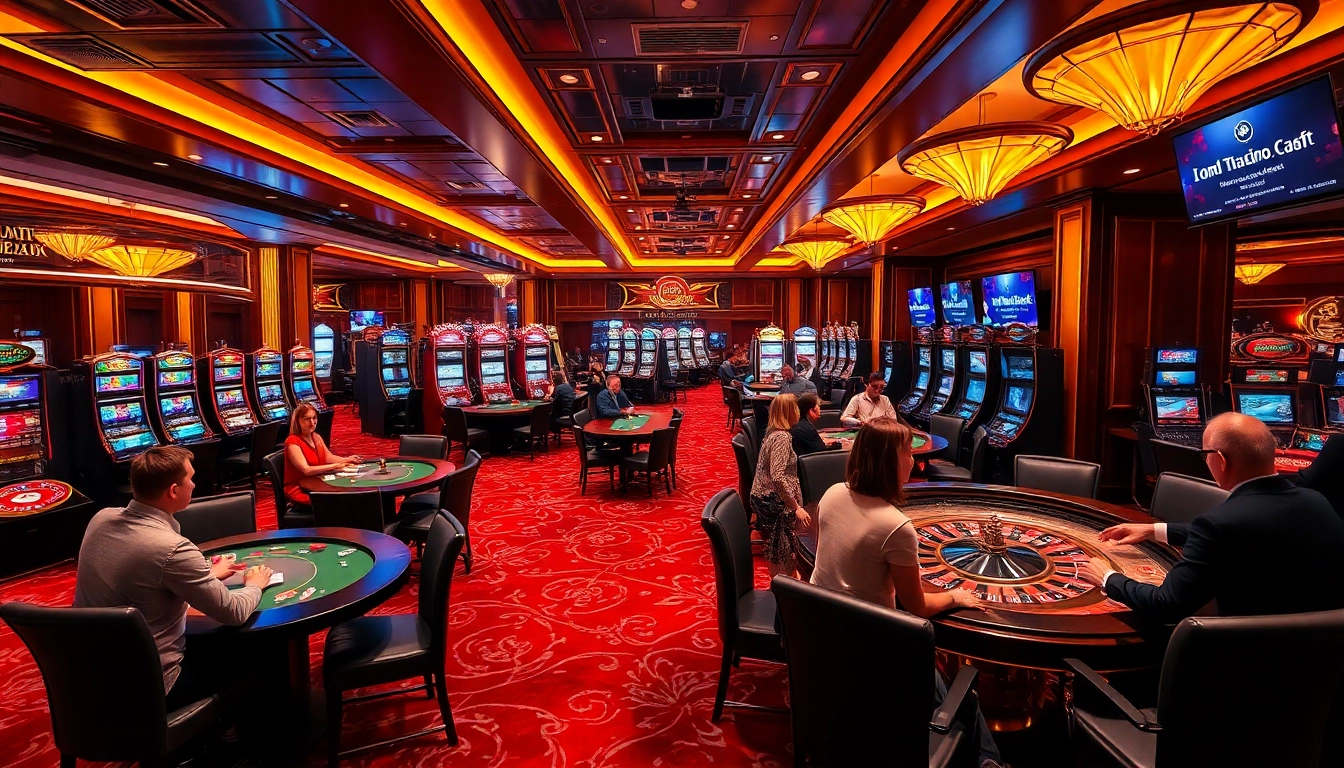Gambling enthusiasts enjoying high-stakes games at an upscale casino, showcasing tg88.black theme.