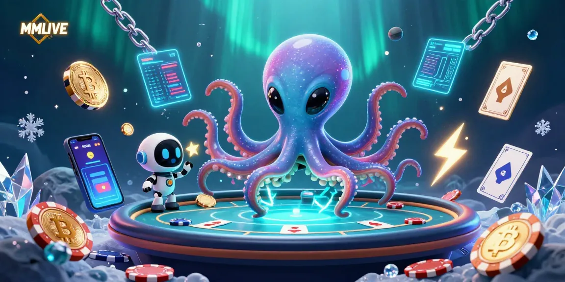 MMLIVE showcases an alien octopus at a holographic poker table with vibrant casino elements.