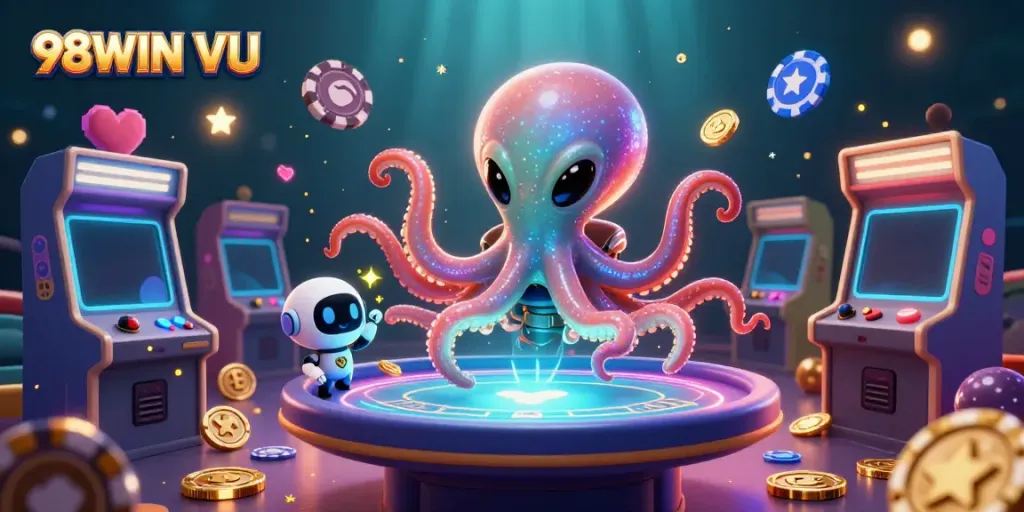 Experience the thrill of 98WIN VU with a playful alien octopus and poker chips in a vibrant casino scene.