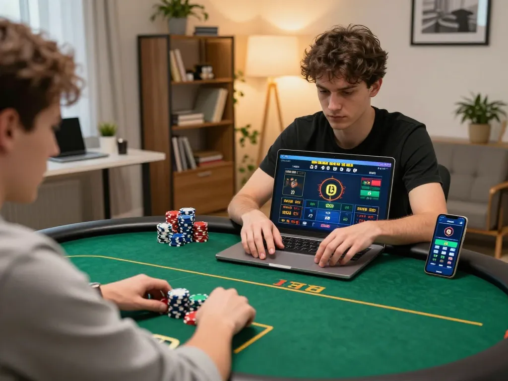 Player engaged in online poker at uu88 com, showcasing vibrant poker chips and focused strategy.