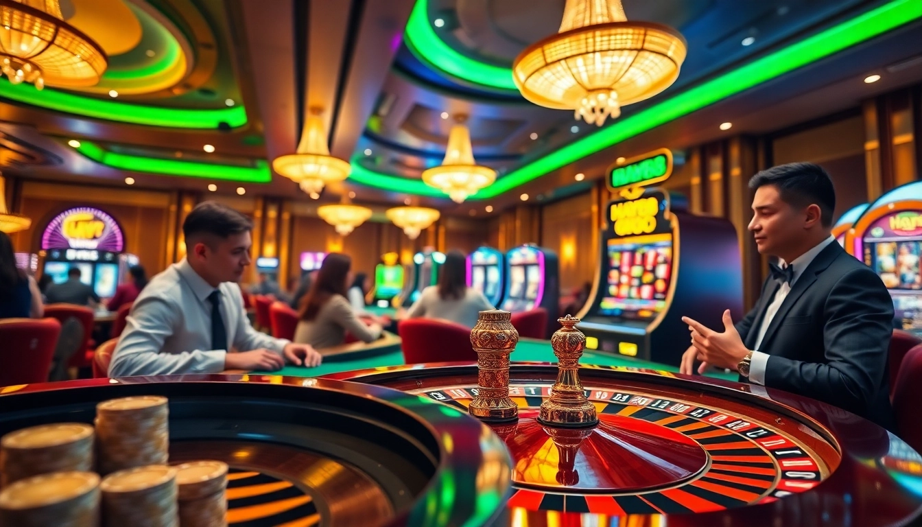 Exciting HAY88 casino scene with vibrant roulette wheel and poker chips.