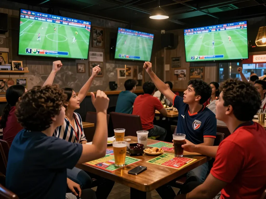 Cá Độ Bóng Đá enthusiasts cheering at a sports bar, watching live soccer and placing bets.
