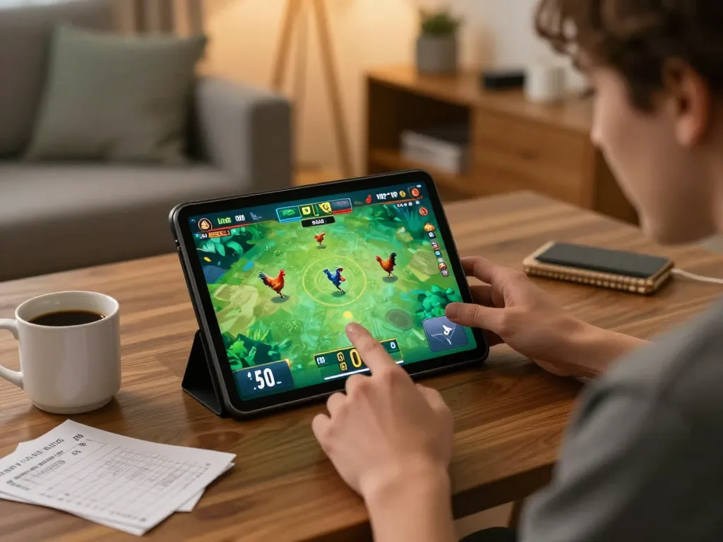 Engaging in live betting for đá ga cp3 wala88 using a tablet in a cozy home setting.
