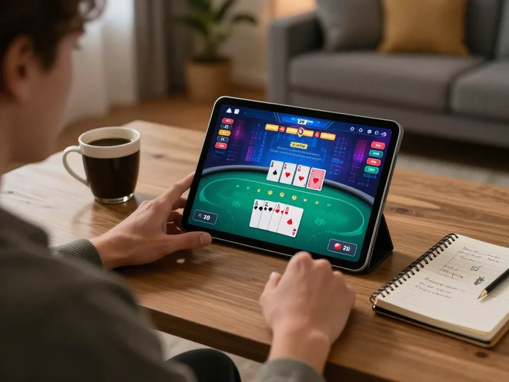 SUNWIN player engaging in a strategic online poker game at home with tablet and notes.