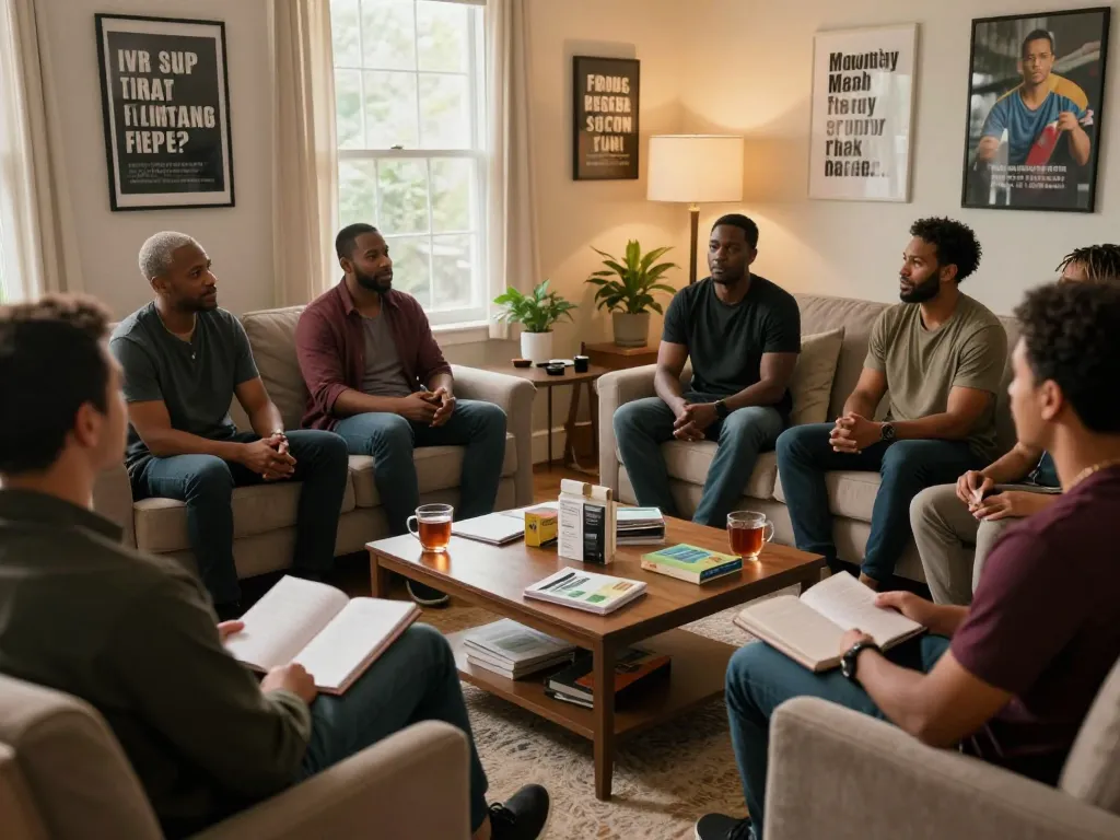 Men engaging in supportive discussions at a manclub meeting, fostering community and mental well-being.