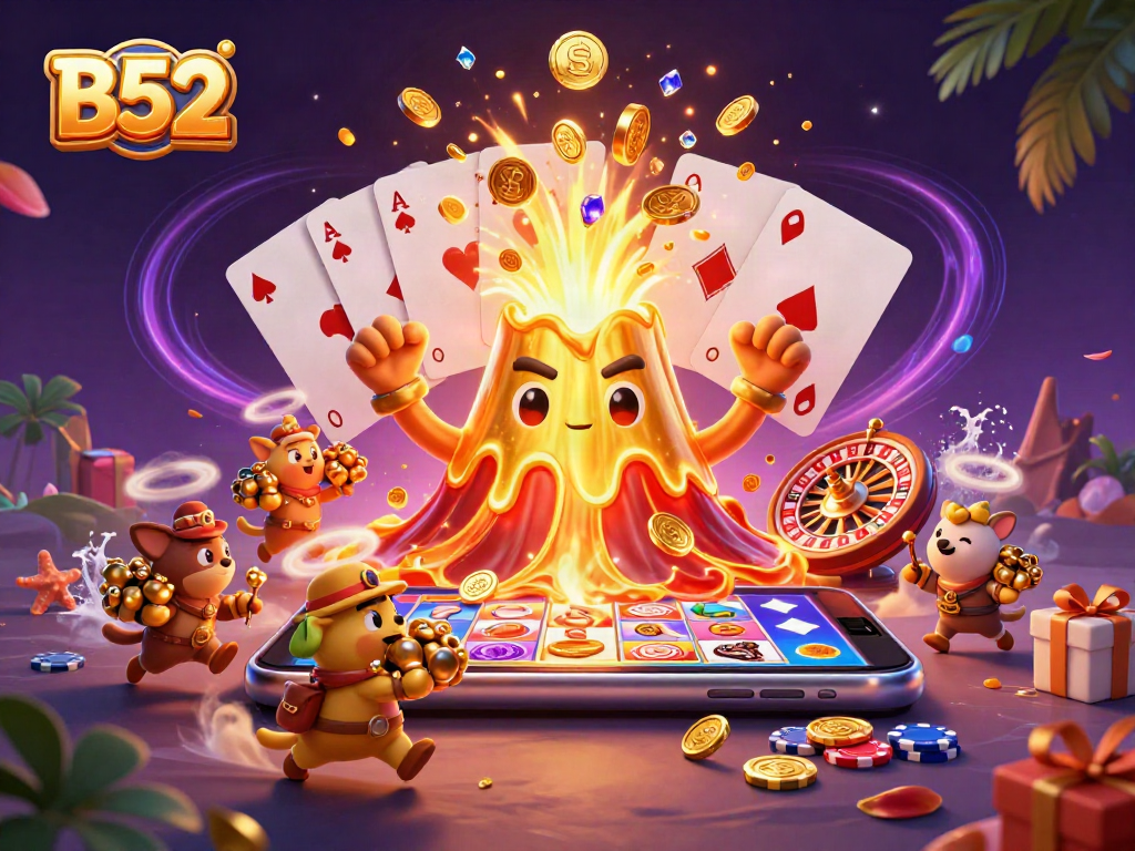 Experience thrilling wins with the B52 volcano erupting golden treasures and exciting casino elements surrounding players.