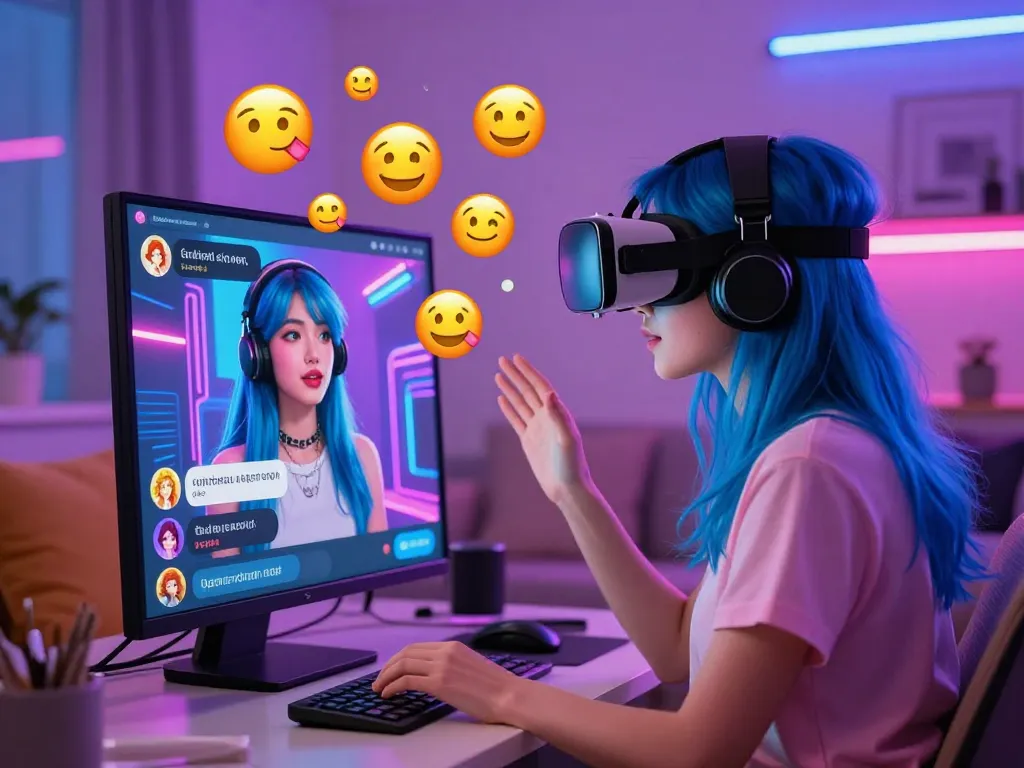 Engaging scene of ai porn chat with a stylish woman and AI avatar in a cozy setting.