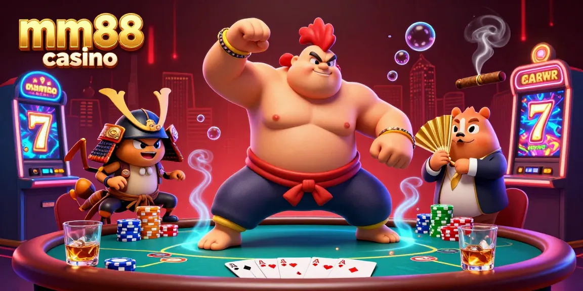 Experience thrilling action at mm88 casino with a sumo rooster and samurai cricket in an intense poker scene.